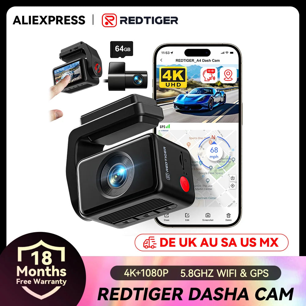 REDTIGER A4 Dash Camera Front and Rear 4k Dash Cam Drive Recorder for WiFi GPS Car Dvr for 24H Parking Mode Black Box for Car