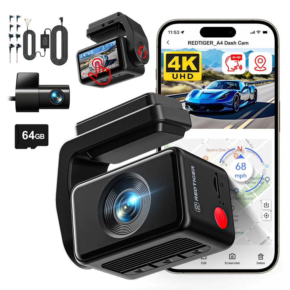 REDTIGER A4 Dash Camera Front and Rear 4k Dash Cam Drive Recorder for WiFi GPS Car Dvr for 24H Parking Mode Black Box for Car