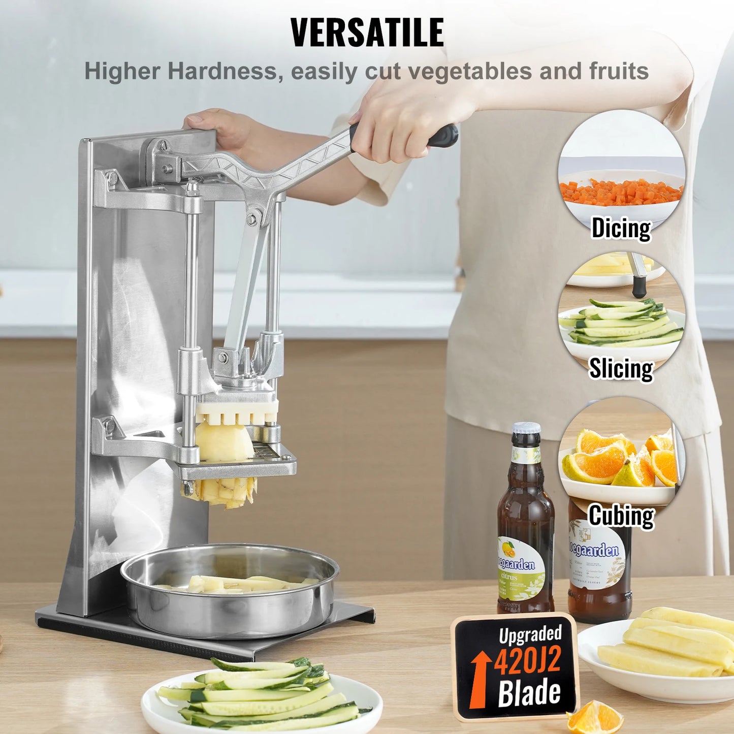 SucceBuy Commercial French Fry Cutter with 4 Replacement Blades Lemon Potato Cutter for French Fries with Extended Handle