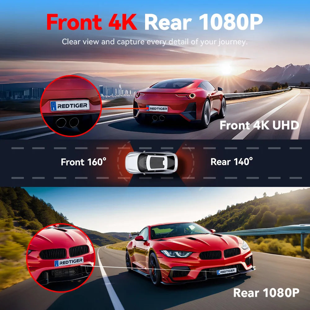 REDTIGER A4 Dash Camera Front and Rear 4k Dash Cam Drive Recorder for WiFi GPS Car Dvr for 24H Parking Mode Black Box for Car