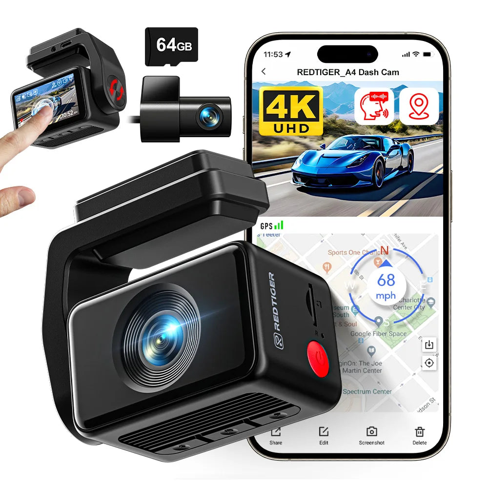 REDTIGER A4 Dash Camera Front and Rear 4k Dash Cam Drive Recorder for WiFi GPS Car Dvr for 24H Parking Mode Black Box for Car